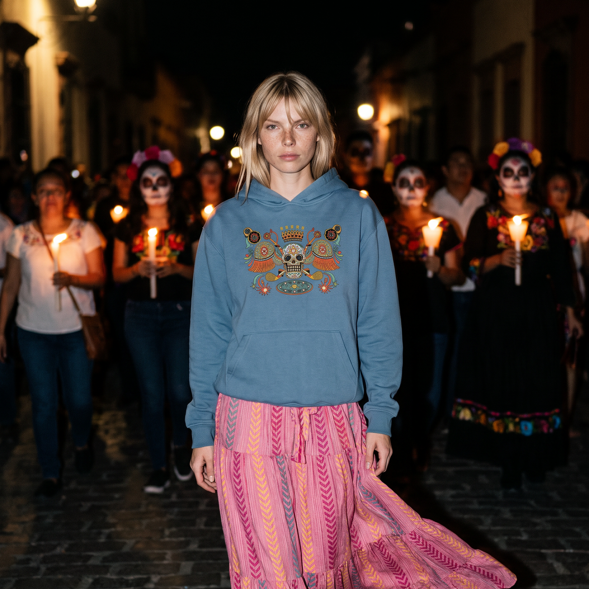 A model walks down a cobblestone street at night wearing a dusty blue hoodie with a colorful Day of the Dead graphic and pink patterned maxi pants. Other people holding candles are visible in the background.