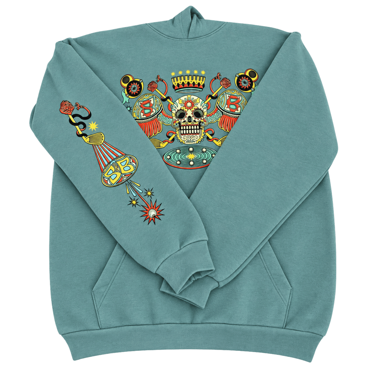 An Arctic  Blue Skull & Bogeys Golf Co. crewneck sweatshirt with a large, colorful graphic print on the chest and left sleeve. The graphic features a central skull surrounded by crossed swords, a crown, and a hot air balloon with stars and a snake.