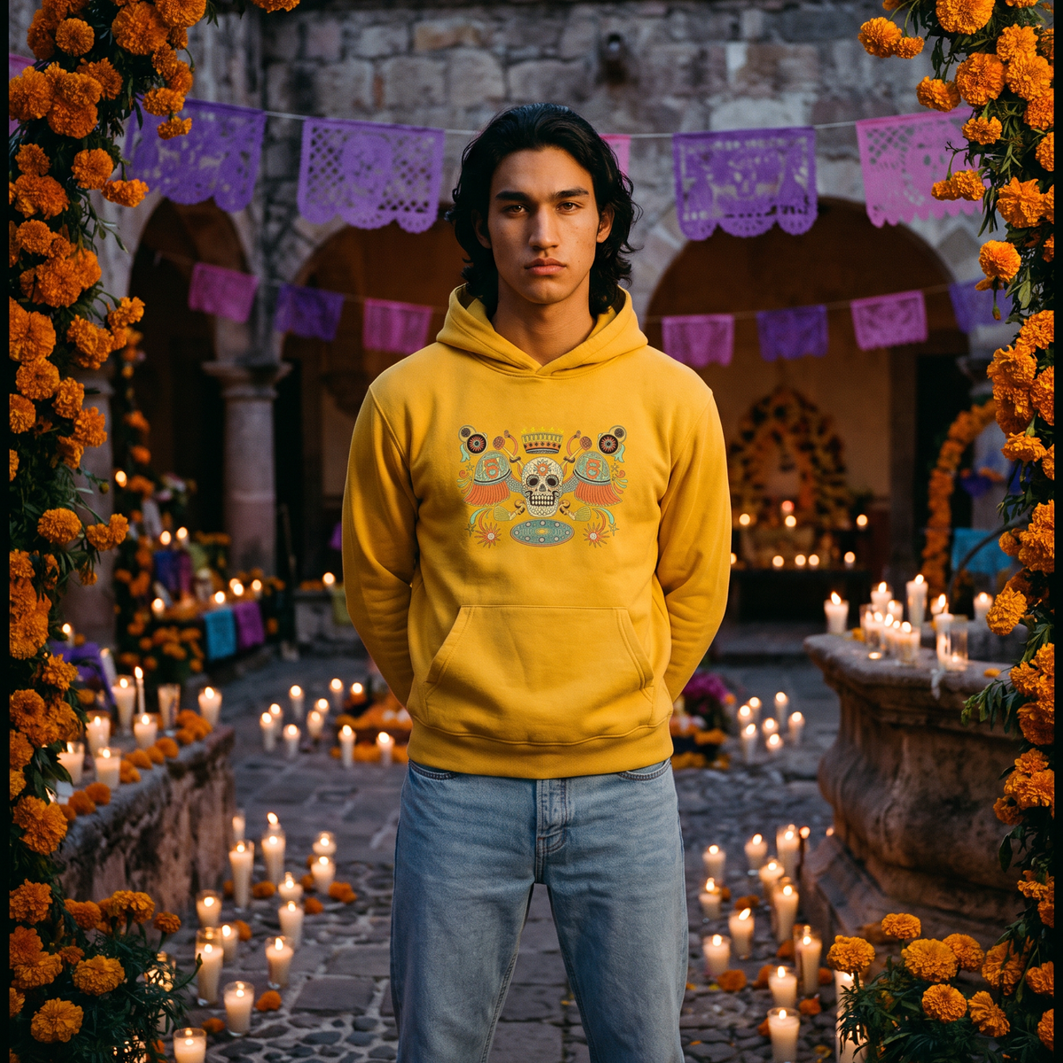 A young man stands in a stone courtyard decorated with orange marigolds, papel picado banners, and many lit candles. He is wearing a bright yellow hoodie with a colorful Day of the Dead (Día de los Muertos) skull graphic on the chest, paired with light blue jeans.