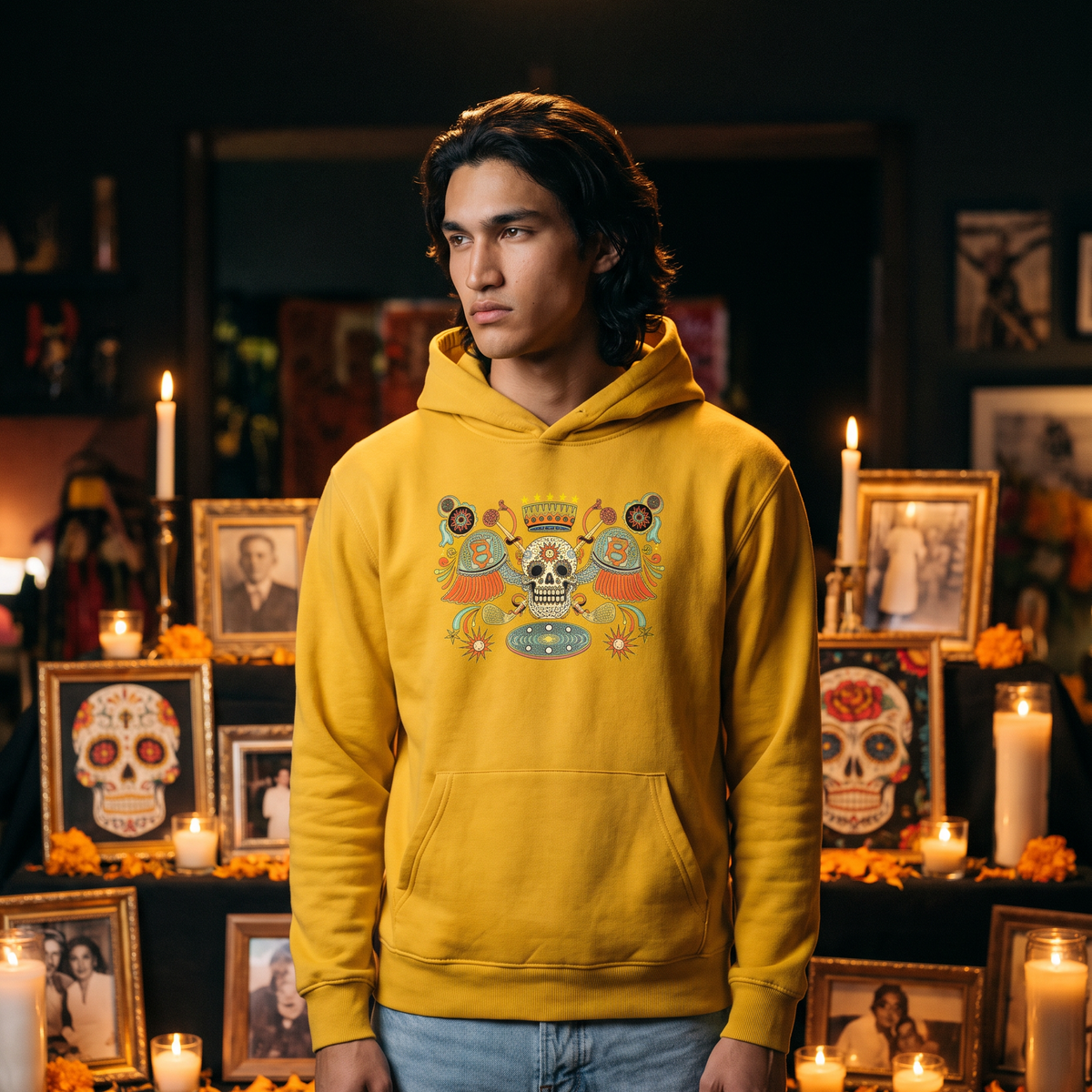 A man wearing a bright yellow hoodie with a colorful Day of the Dead sugar skull graphic stands in front of a dark altar decorated with candles, framed photos, and sugar skulls.