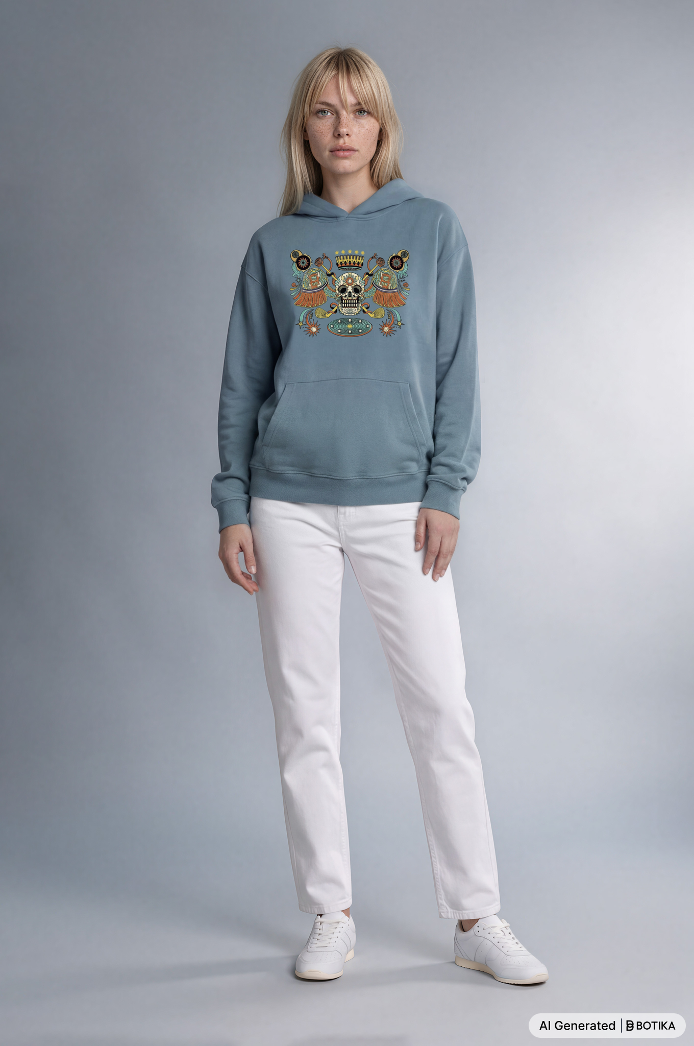 A woman modeling a dusty blue hoodie with a detailed multicolor graphic on the chest, paired with white pants and white sneakers, against a gray studio background.