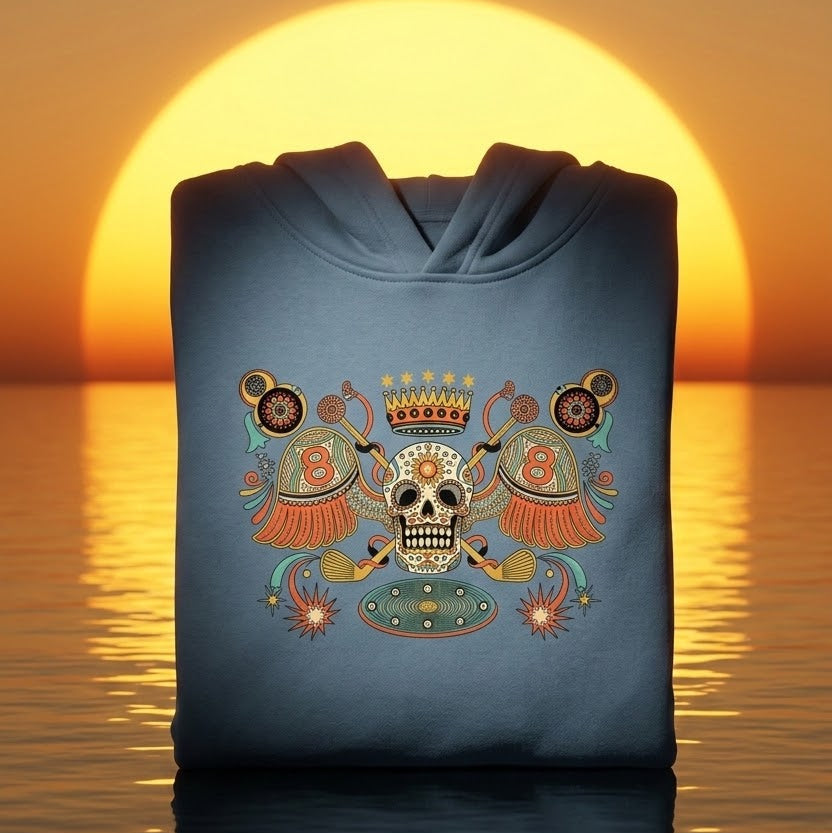 A folded slate blue hoodie with a colorful Aztec-style skull graphic, displayed against a warm sunset over water background.
