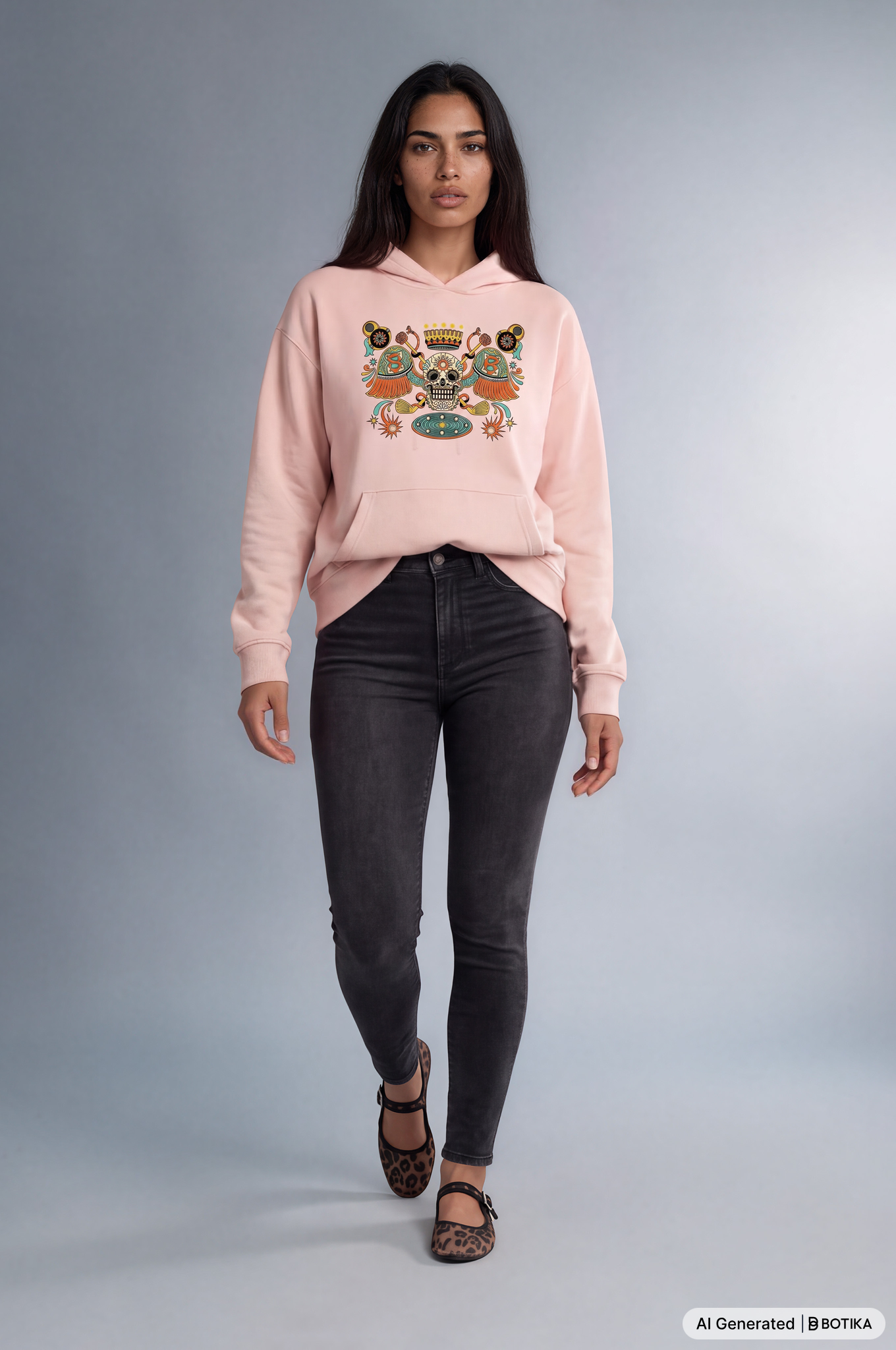 A woman modeling a light pink hoodie with a colorful graphic print on the chest, paired with dark gray skinny jeans and leopard-print flat shoes, against a gray studio background.