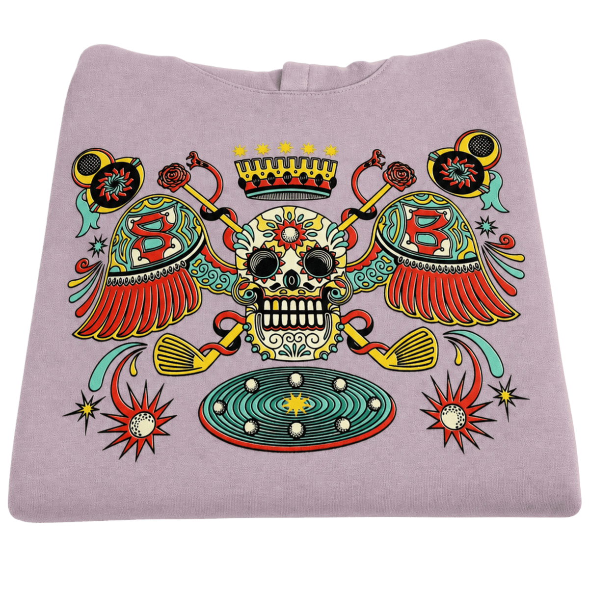 A folded light purple sweatshirt featuring a large, colorful graphic print of a sugar skull, crossed mallets, and a circular target design.