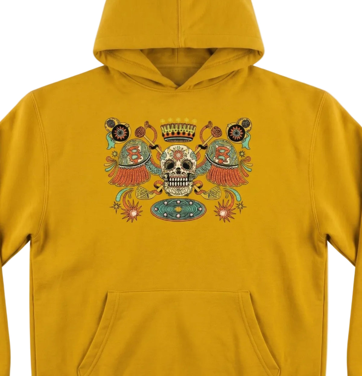 A mustard yellow pullover hoodie with a colorful Day of the Dead sugar skull graphic on the chest, displayed against a light gray gradient background.