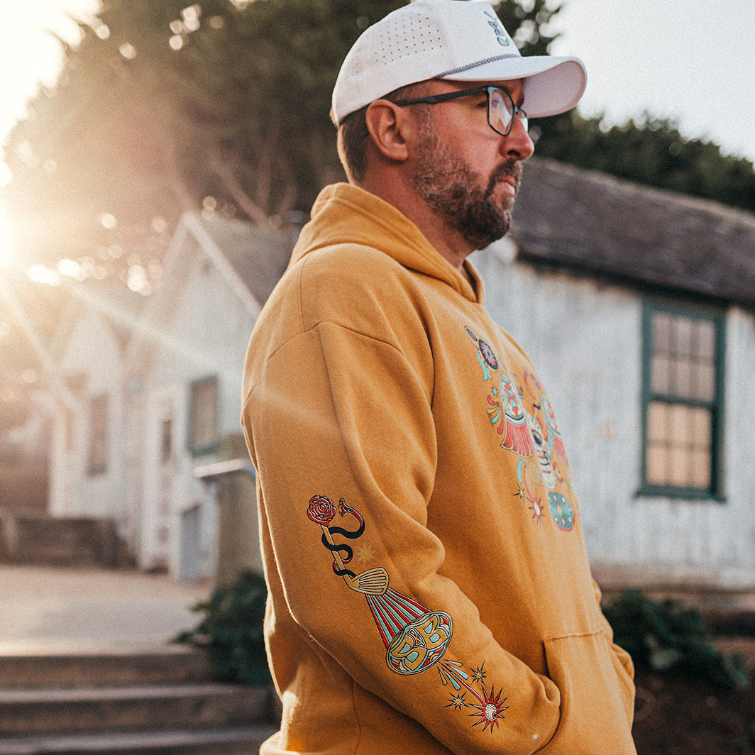 Sol & Sombra Calavera Hoodie - Mustard Yellow, Joe - Skull & Bogeys Golf Co.