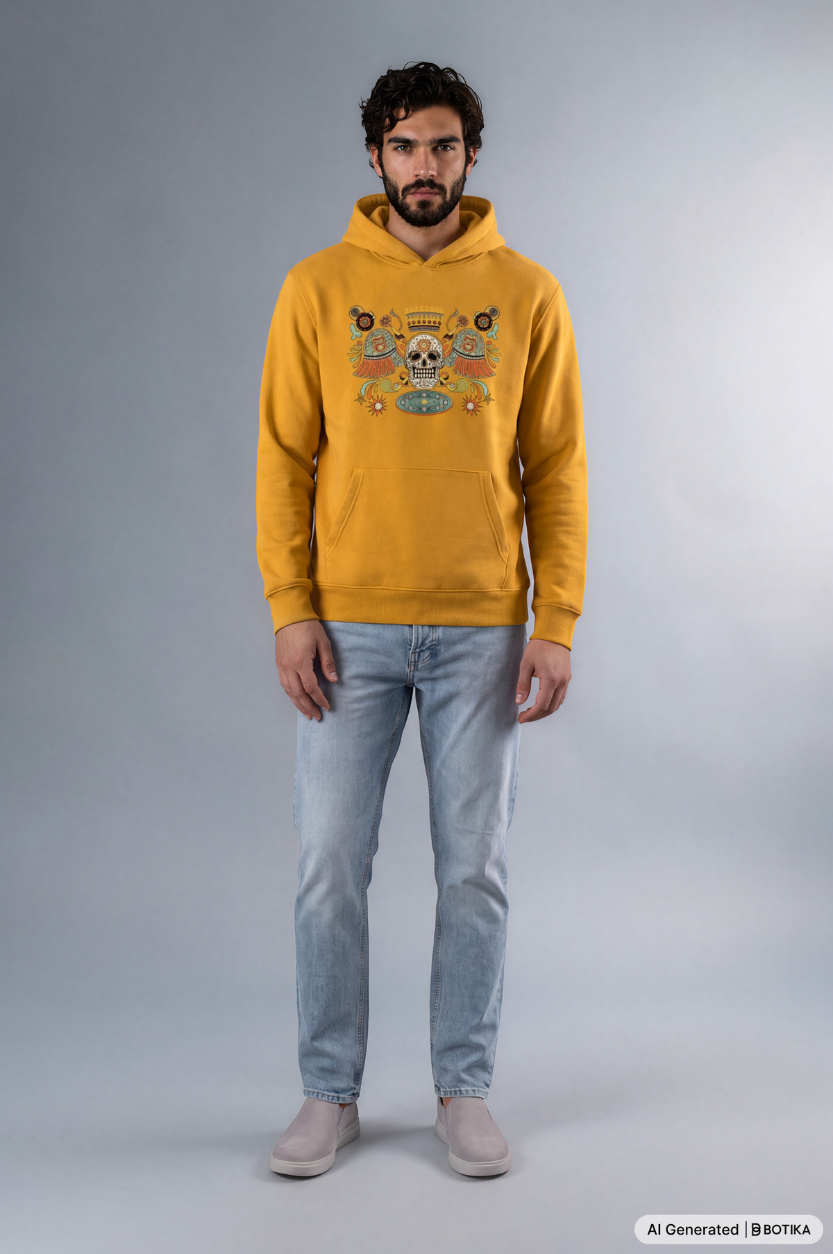 A man modeling a mustard yellow hoodie with a colorful skull and graphic print on the chest, paired with light blue jeans and beige slip-on shoes, against a gray studio background.
