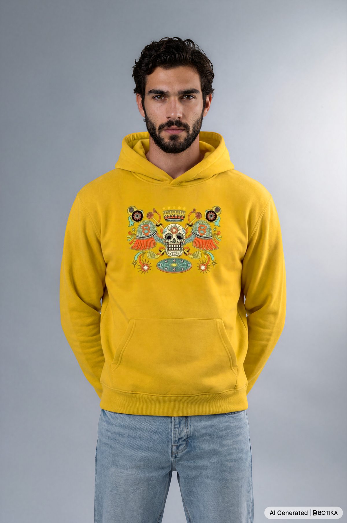 A man wearing a bright yellow hoodie with a colorful graphic print of a sugar skull and decorative elements on the chest, paired with light blue jeans, against a gray studio background.