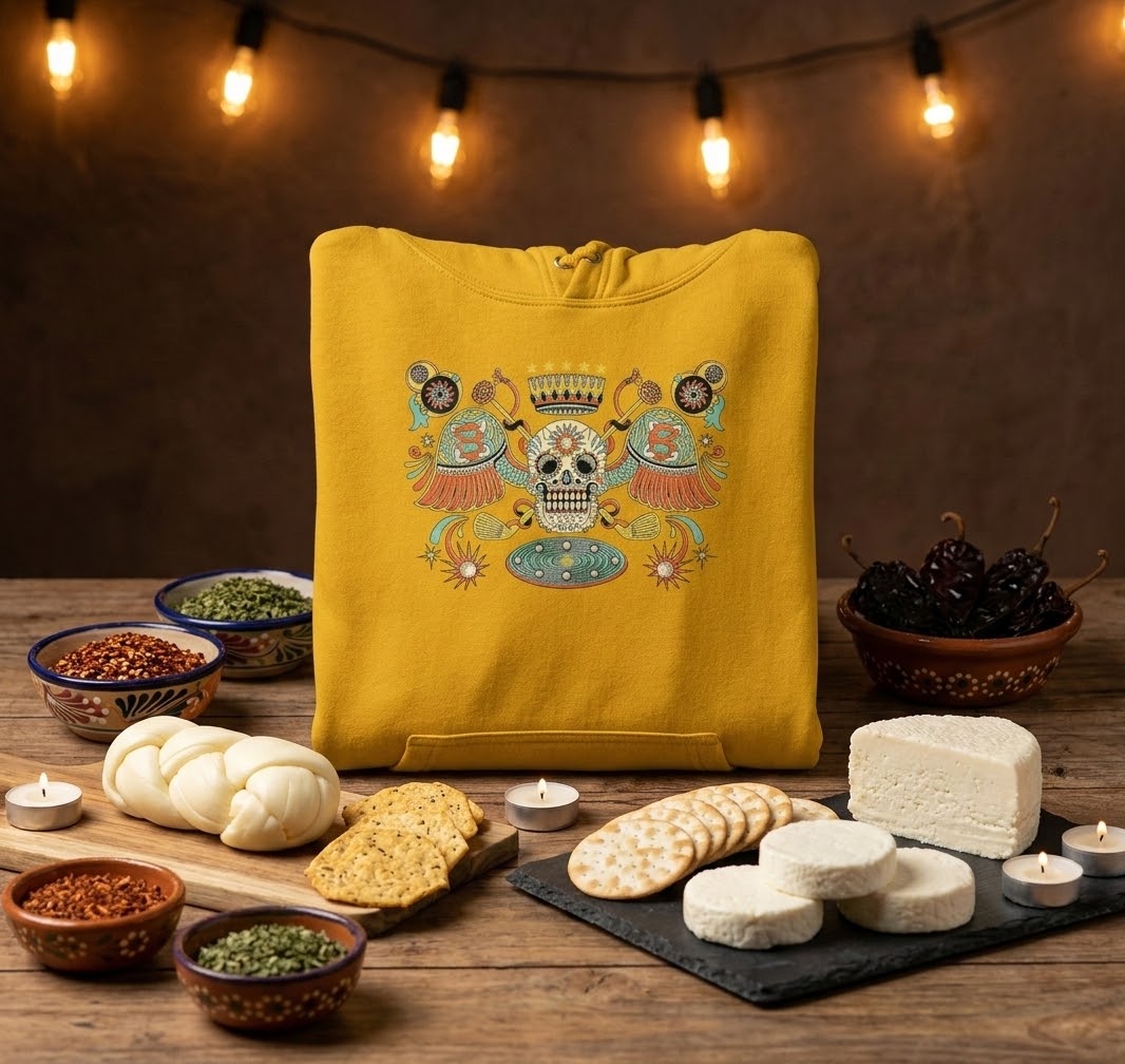 A folded mustard yellow hoodie with a colorful sugar skull graphic is displayed on a rustic wooden table surrounded by food props like crackers, cheese, and bowls of spices, under warm hanging string lights.
