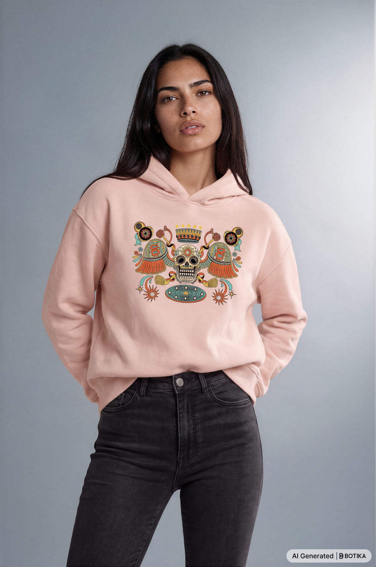 A woman modeling a light pink hoodie with a colorful Day of the Dead (Dia de los Muertos) style graphic on the chest, paired with black jeans, against a solid gray studio background.