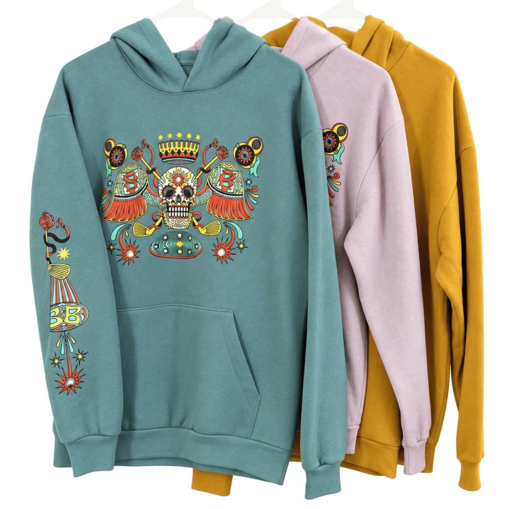 Skull & Bogeys Sol & Sombra calavera hoodie with skull, snake, and rose artwork by JOACO