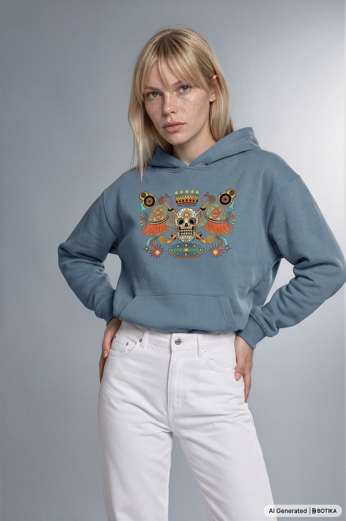 A blonde woman modeling a dusty blue hoodie with a colorful sugar skull graphic on the chest, paired with white jeans, against a neutral gray studio background.