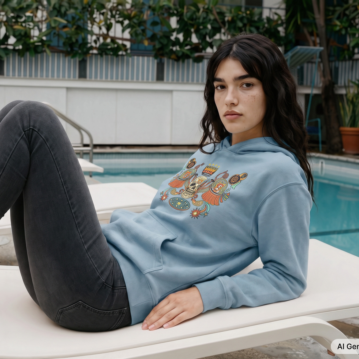 A woman reclines on a white poolside lounge chair wearing a light blue graphic hoodie and dark gray jeans, with a swimming pool, patio furniture, and potted plants in the background.