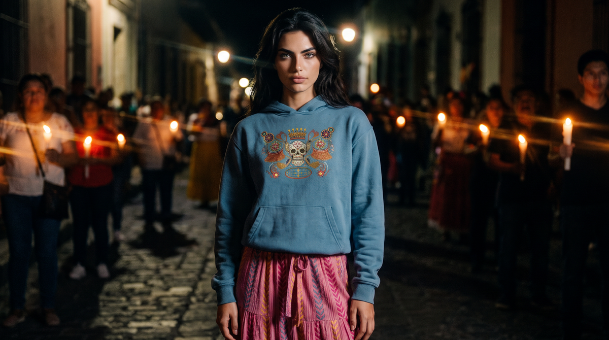 A woman stands in a nighttime street scene holding candles, wearing a blue cropped hoodie with a colorful graphic print and a pink patterned skirt. The background shows blurred people in the street.