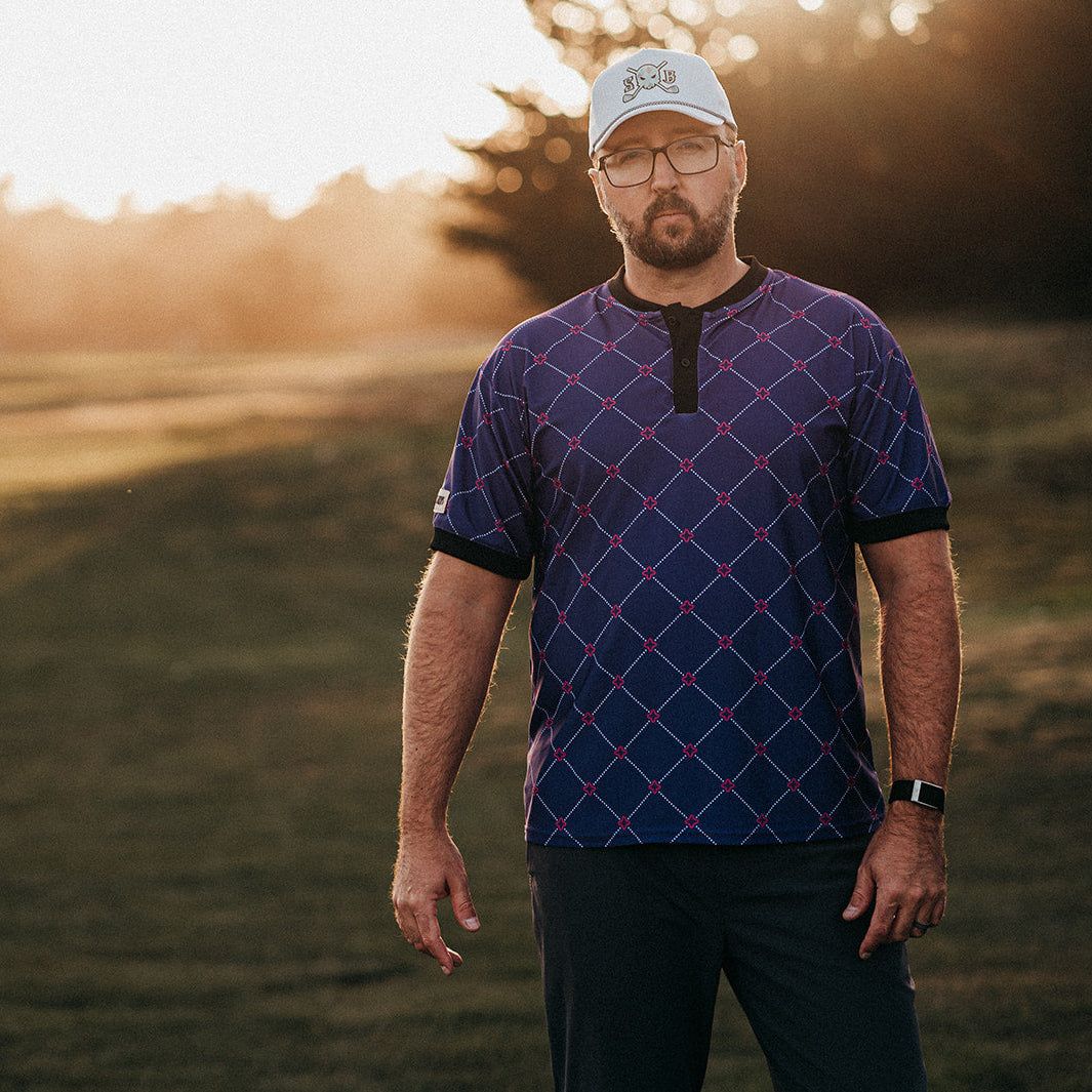 Skull & Bogeys Sovereign purple blade collar golf polo, front view