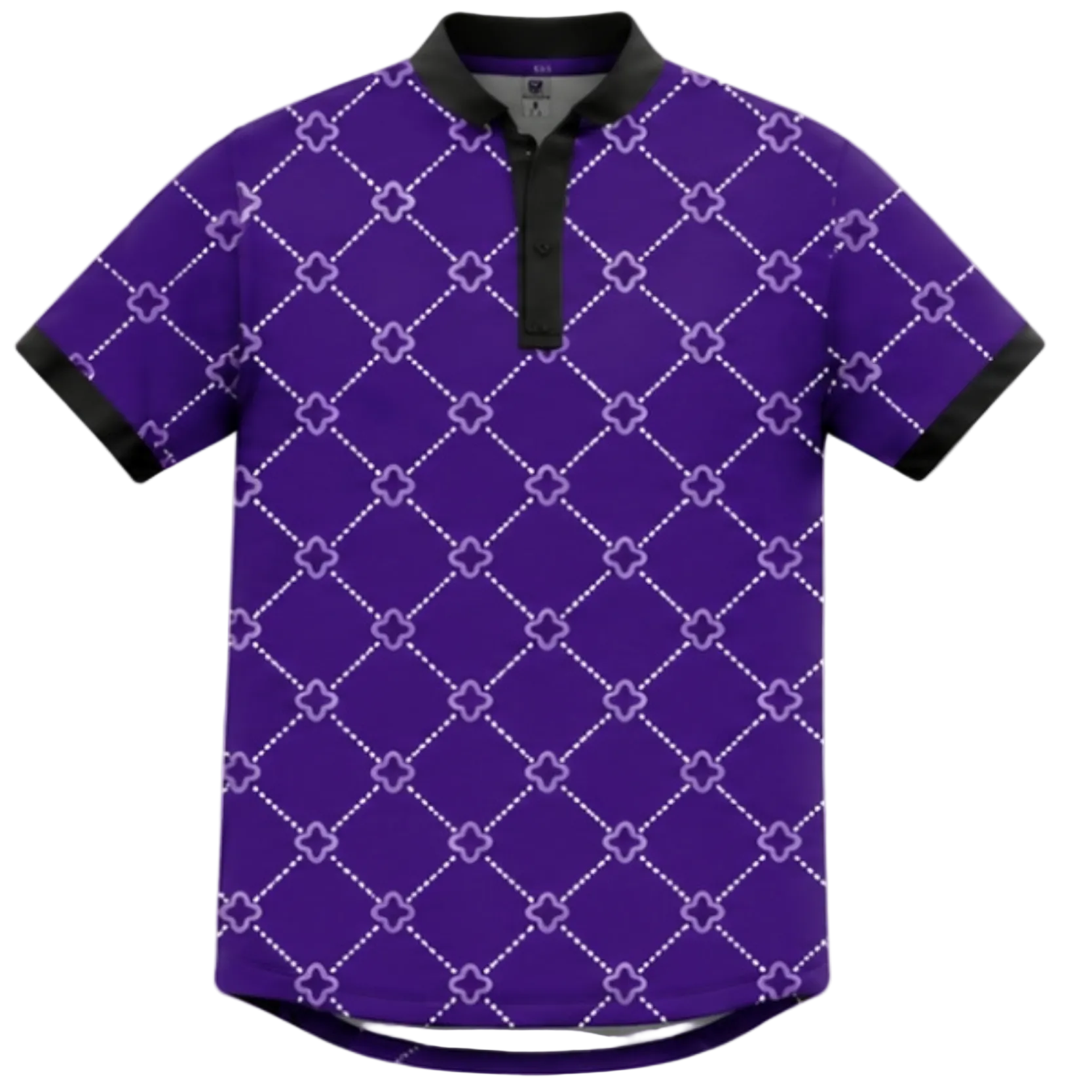 Purple polo shirt with white geometric pattern on a white background