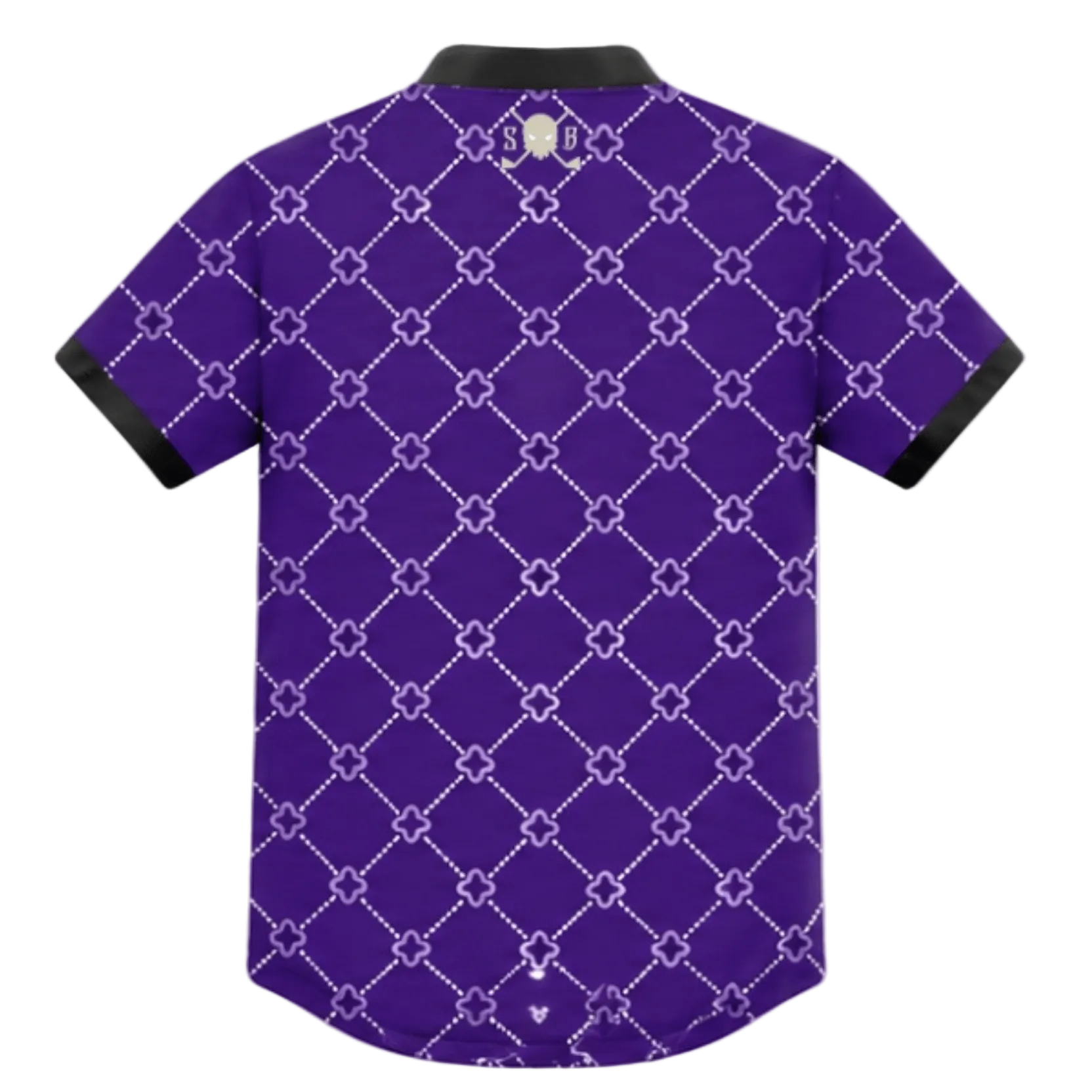 Purple shirt with white geometric pattern on a white background