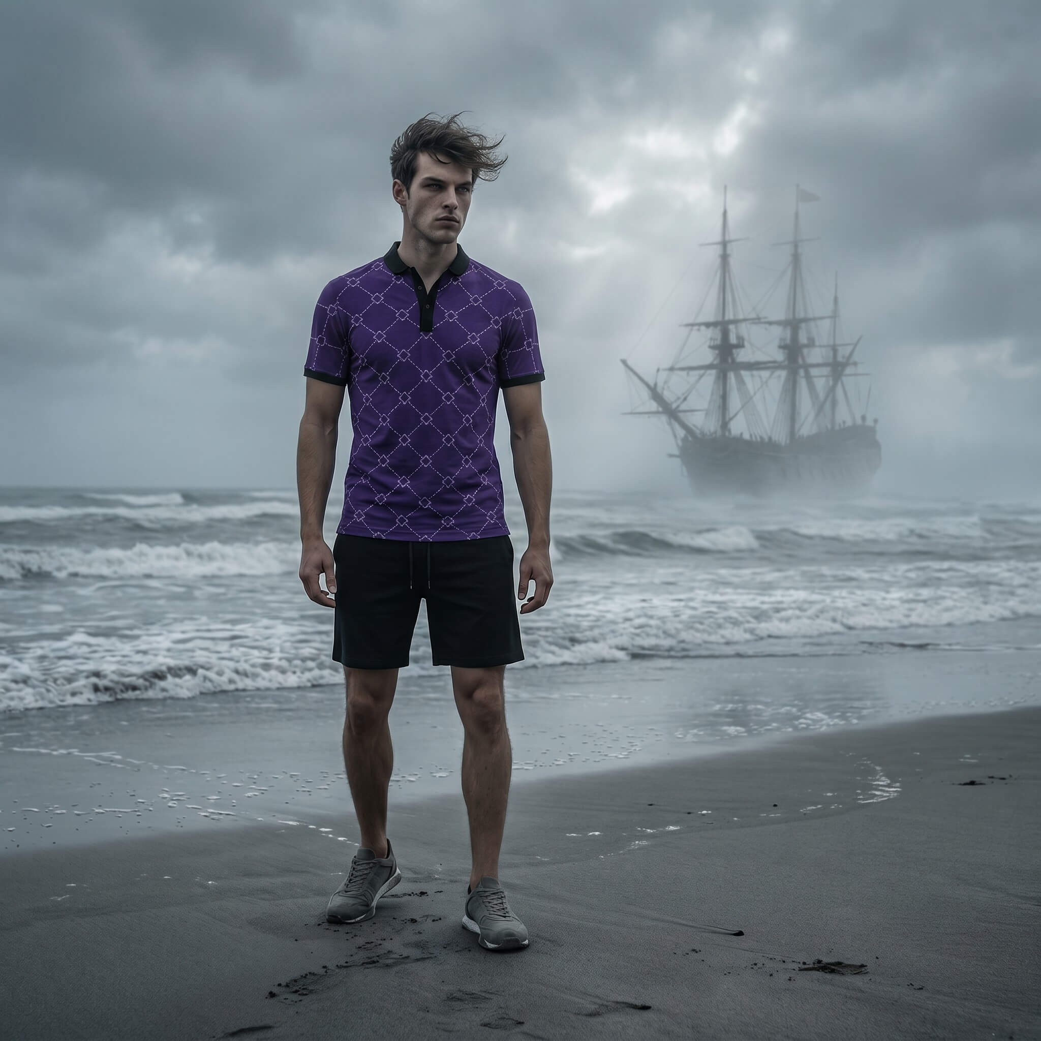 Man in a purple shirt standing on a beach with a ship in the background
