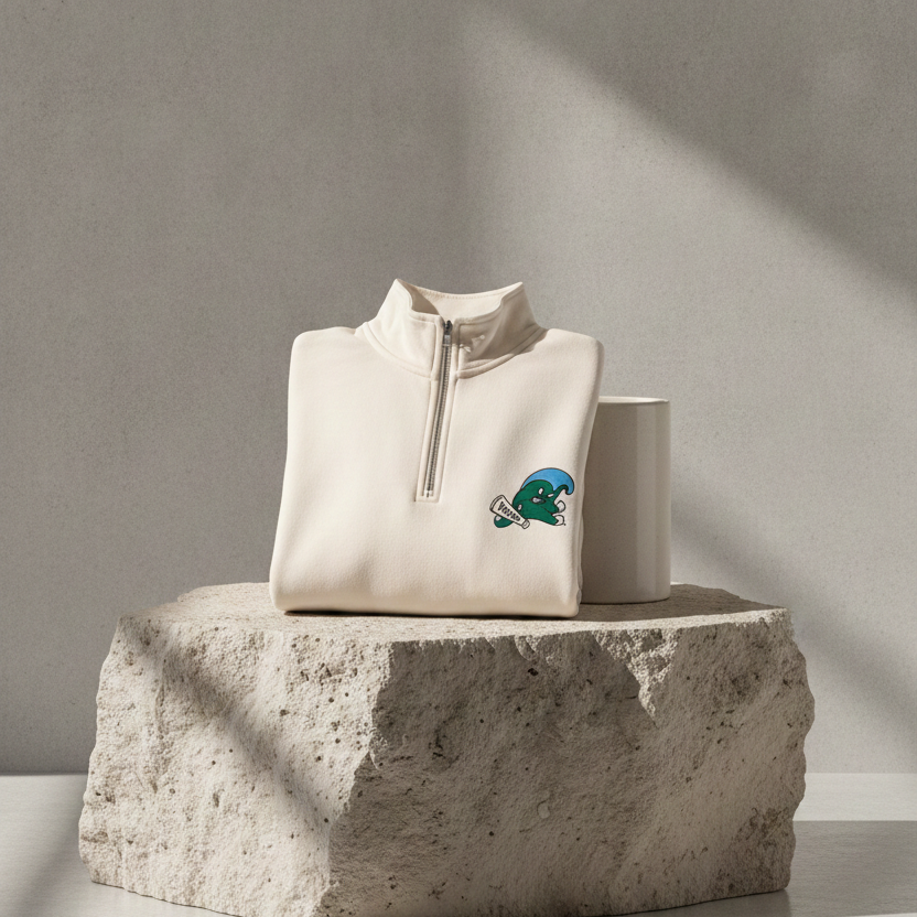 A folded cream-colored quarter-zip pullover sweatshirt with a small green and blue embroidered graphic on the left chest, displayed on a textured stone pedestal against a neutral gray background.