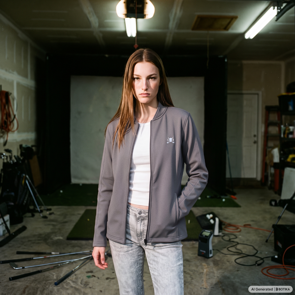 A woman stands in a studio or workshop wearing a gray zip-up jacket over a white ribbed top and light-wash jeans. The jacket has a small white chest logo.
