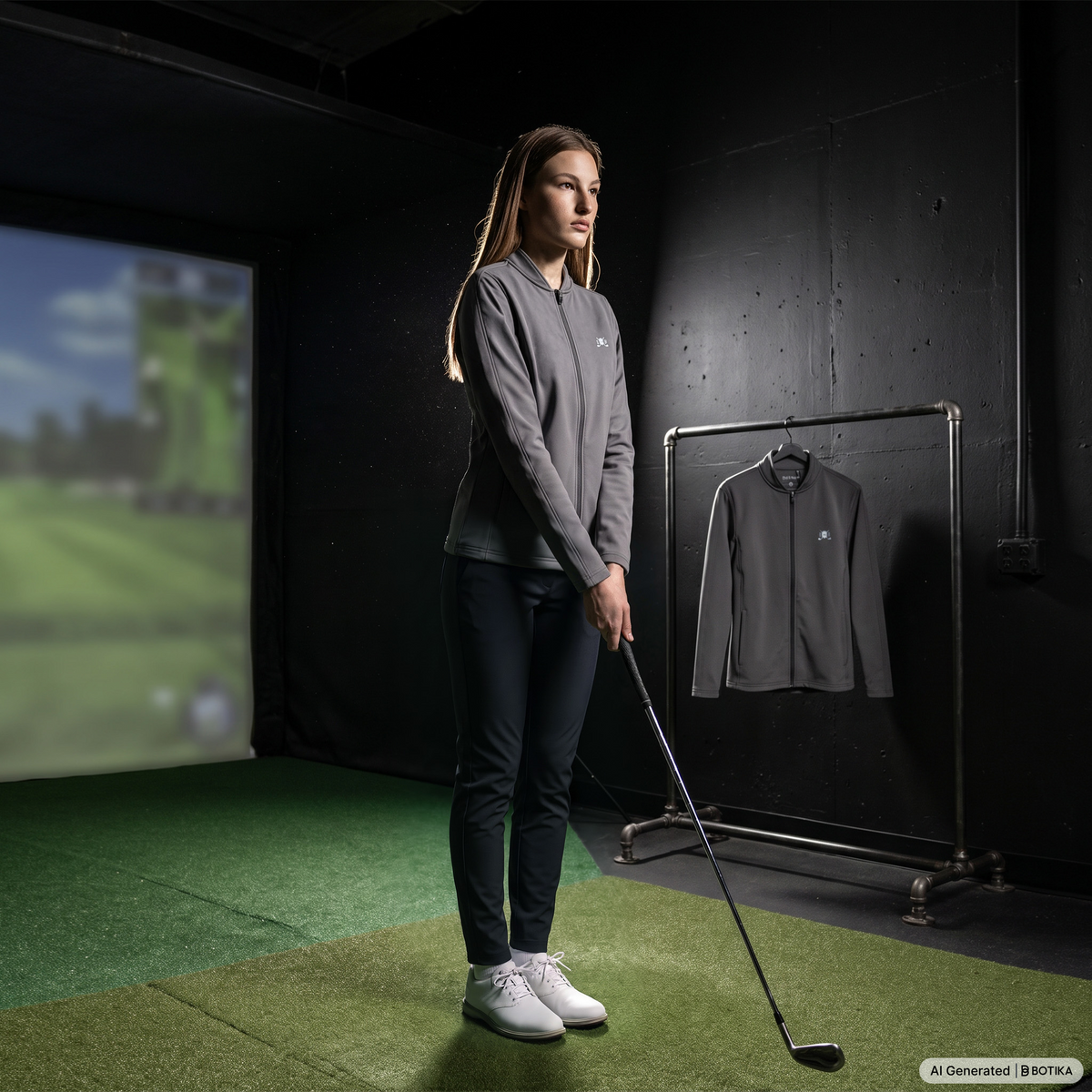 A woman stands on a golf simulator hitting pad wearing a gray long-sleeve quarter-zip pullover and dark pants, holding a golf club. A matching gray pullover is displayed on a clothing rack in the background of a dark indoor golf facility.