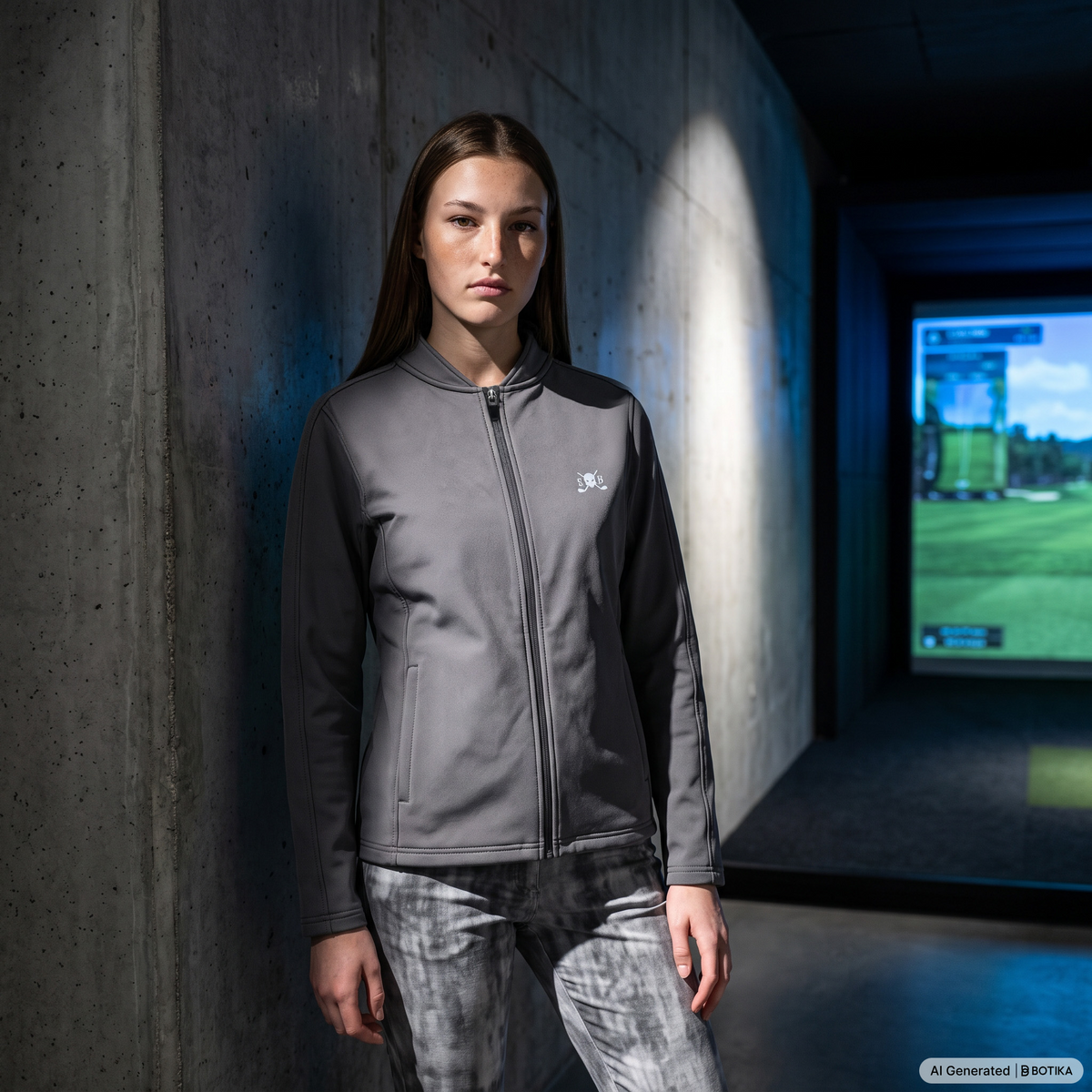 A woman stands in a dim indoor corridor wearing a gray zip-front athletic jacket with a small white chest logo and gray patterned pants. A screen showing a golf course is visible in the background.