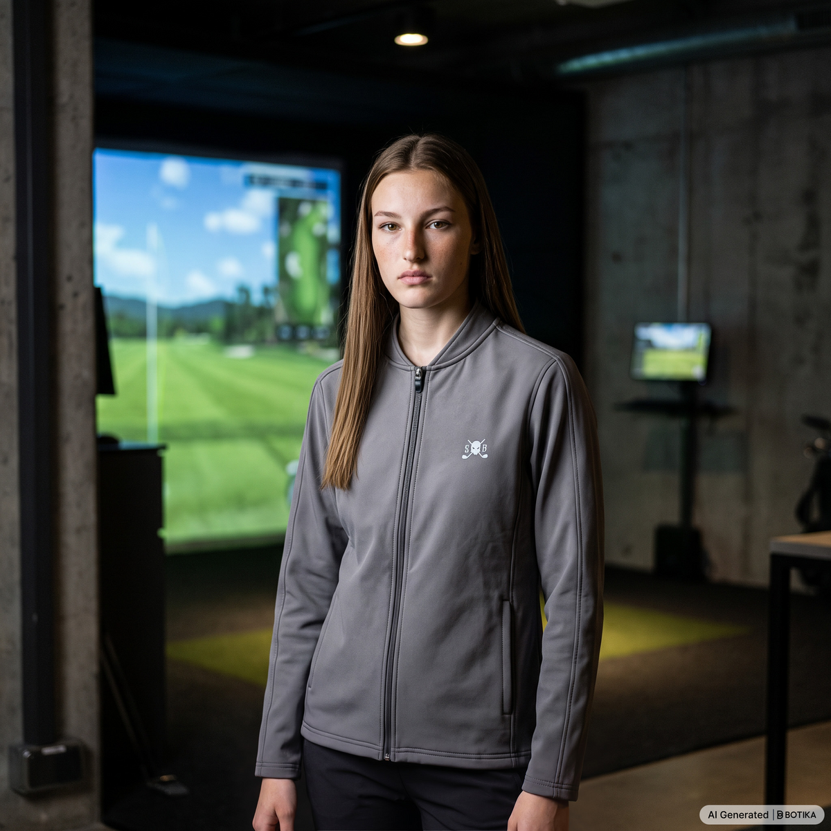A woman stands in an indoor golf simulator wearing a gray zip-up jacket with a small white embroidered logo on the left chest. The background shows a large screen displaying a golf course and an indoor concrete wall.