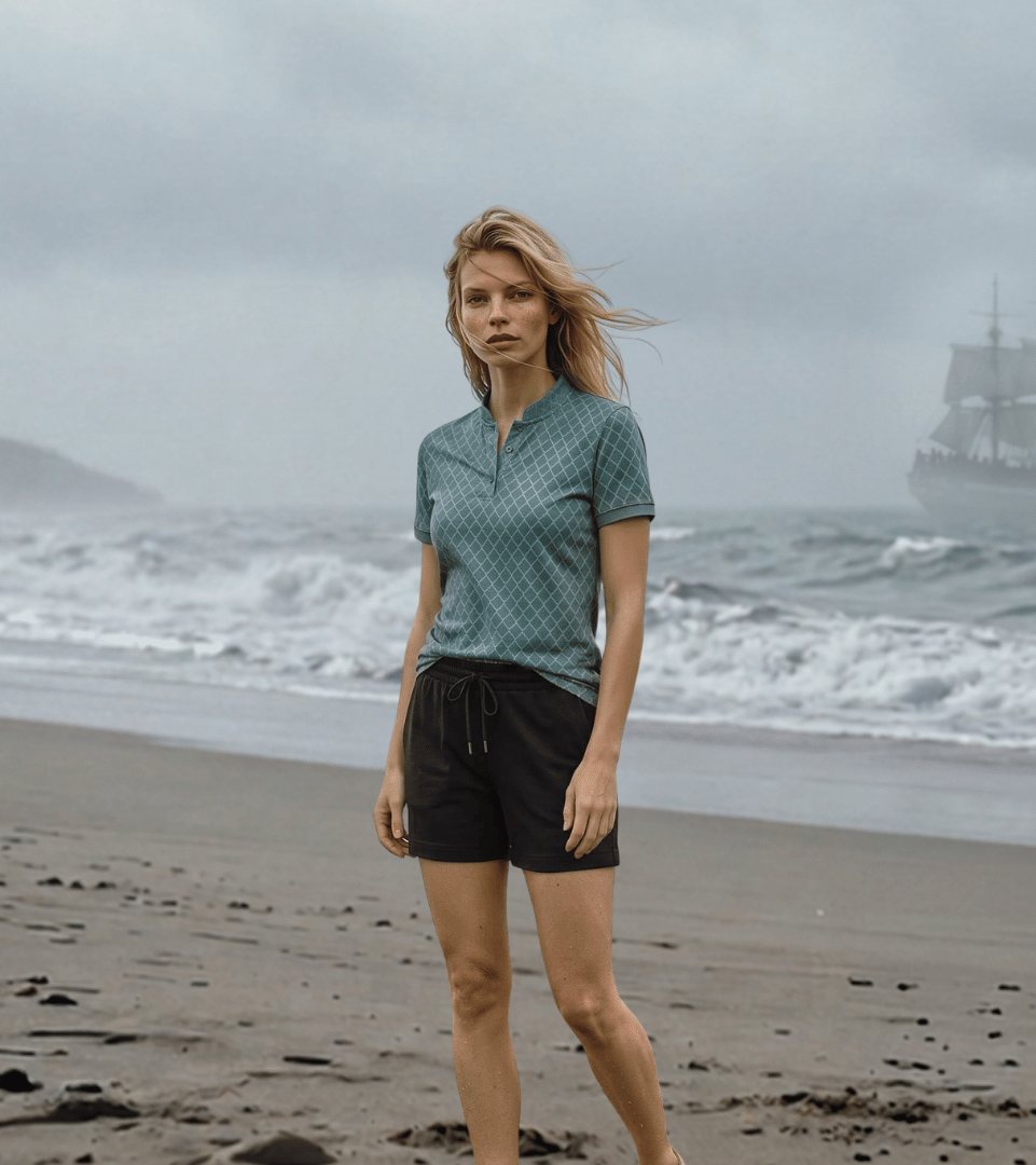 Two people standing on a beach with a ship in the background