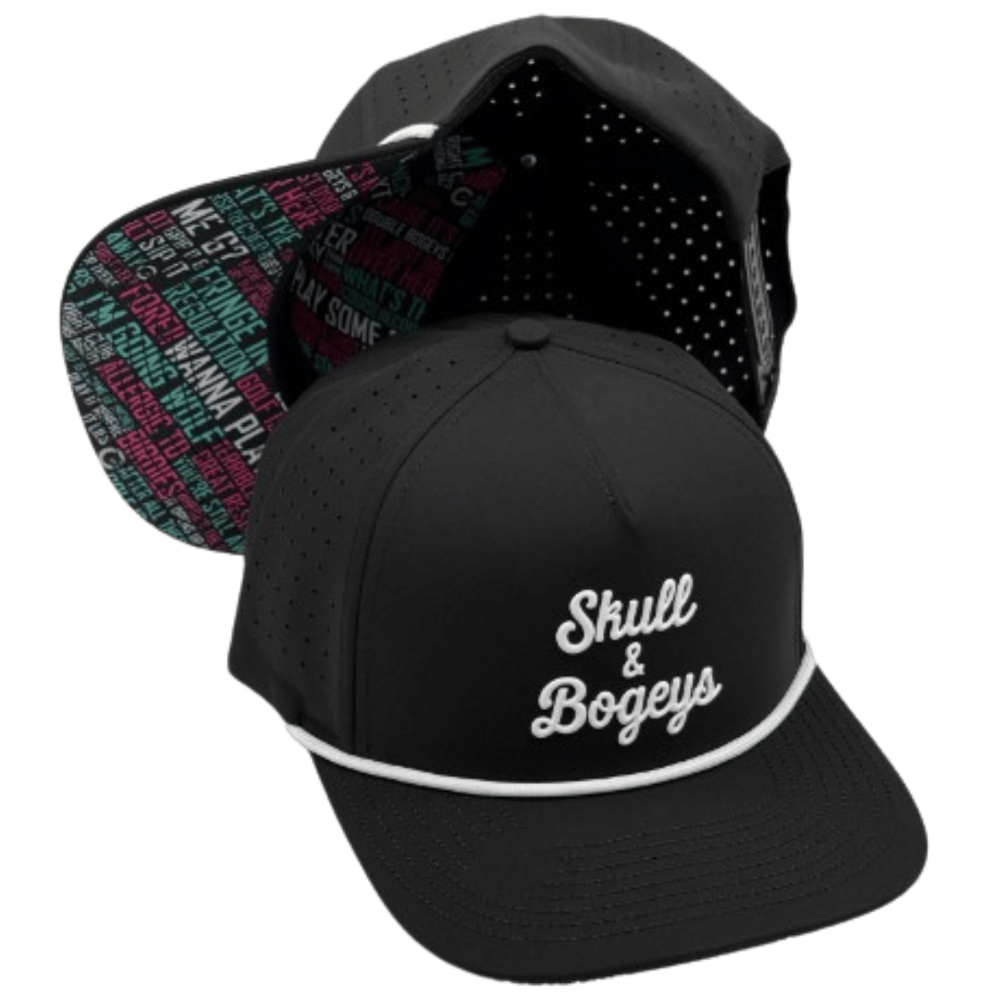 A black structured snapback cap with white embroidered text reading 'Skull & Bogeys' on the front, shown on a plain white background. A second view behind it shows the inside of the brim with a multicolor text pattern, and the back has a black dotted pattern.