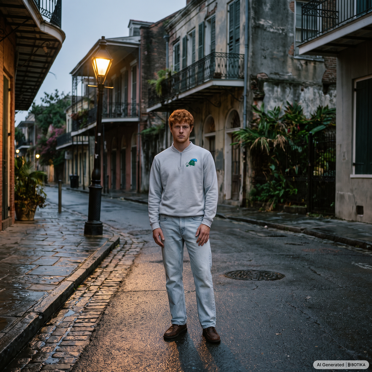 A young man with red hair stands on a wet cobblestone street in a historic town square, wearing a light gray quarter-zip sweatshirt with a small green dinosaur logo on the left chest, paired with light gray sweatpants and brown shoes.