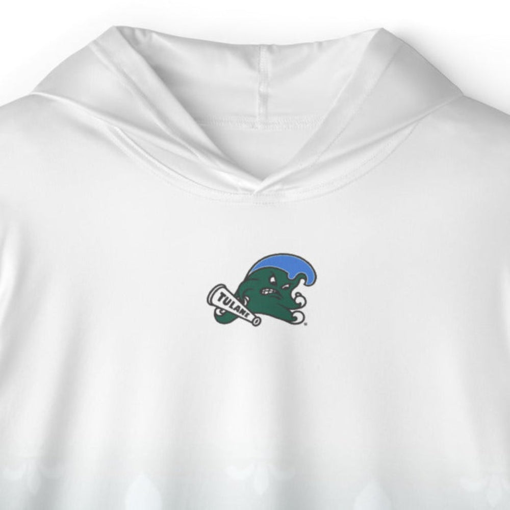 White hoodie with blue and green fleur-de-lis pattern on a white background
