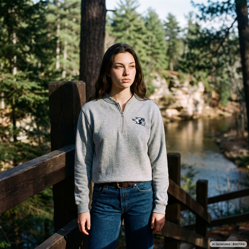 A woman stands on a wooden bridge in a forest setting, wearing a light gray quarter-zip sweatshirt with a small embroidered logo on the left chest and blue jeans.