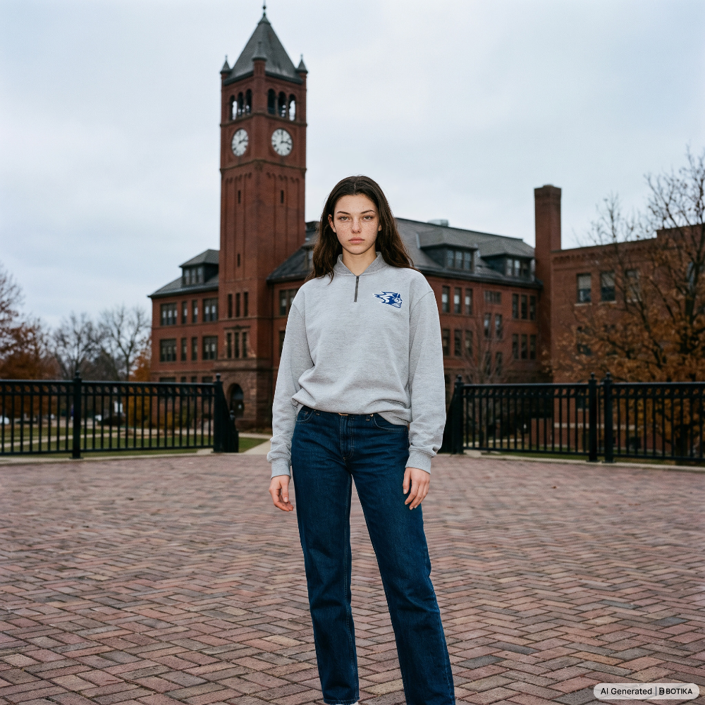 A woman stands outdoors in front of a large brick clock tower building, wearing a light gray quarter-zip sweatshirt with a small blue and white logo on the left chest, paired with dark blue jeans.