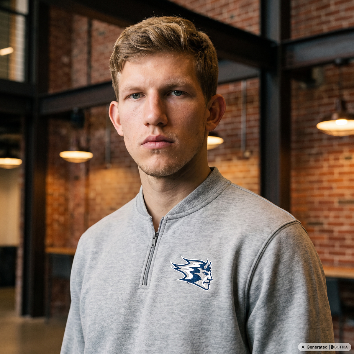 A man wearing a heather gray quarter-zip pullover sweatshirt with a blue and white wolf logo on the left chest, photographed in a modern industrial loft setting with brick walls and hanging lights.