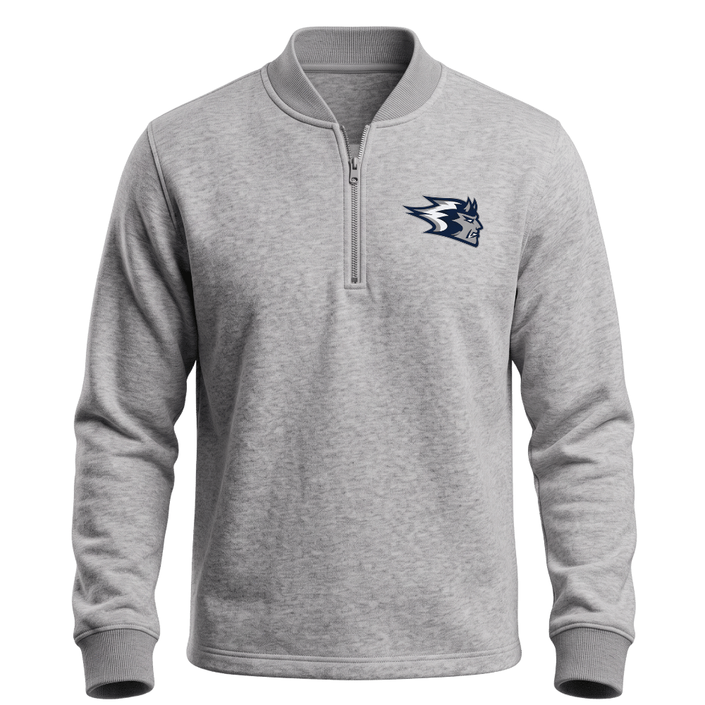 A heather gray quarter-zip pullover sweatshirt with a navy blue and white wolf logo on the left chest, displayed on a clean white background.