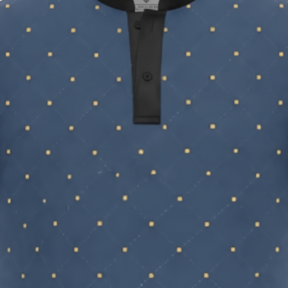 A short-sleeve polo shirt in slate blue with a repeating pattern of small gold dots, featuring a black collar, button placket, and sleeve cuffs.