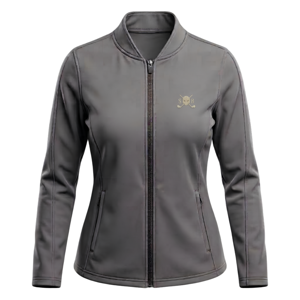 A women's gray zip-up jacket with a stand collar, long sleeves, and zippered hand pockets, featuring a small gold logo on the left chest, shown against a plain white background.