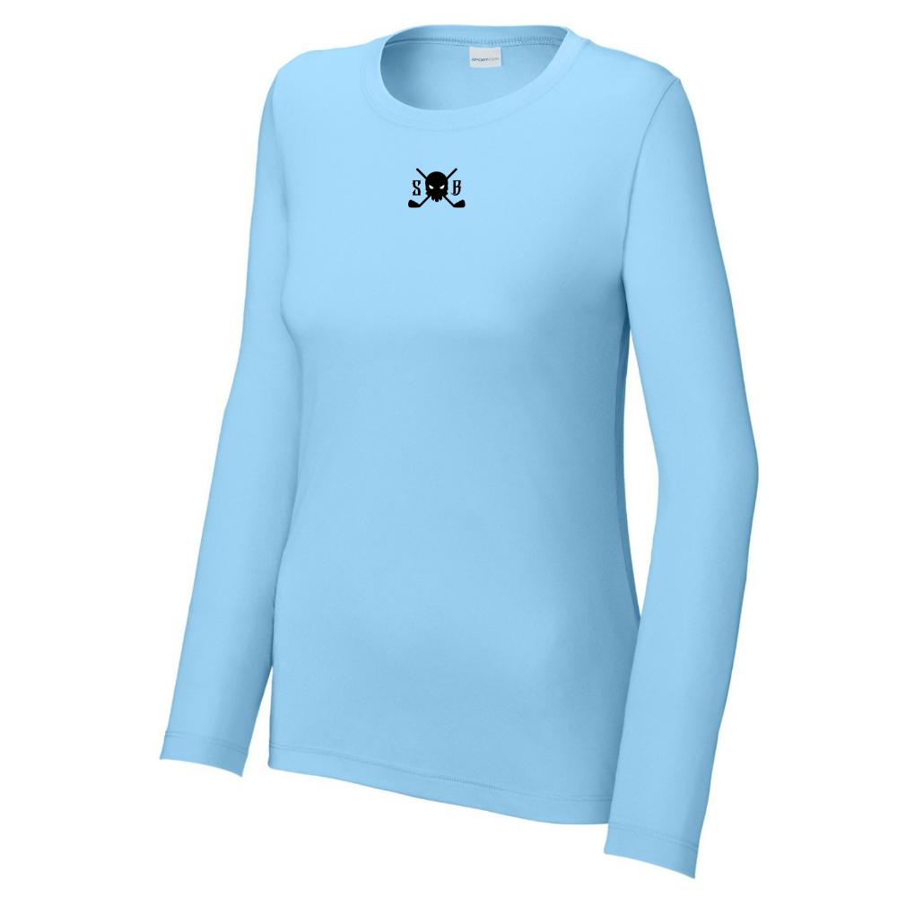 Skull & Bogeys Women’s Sun Shield long sleeve UPF 50 tee with chest graphic, front view
