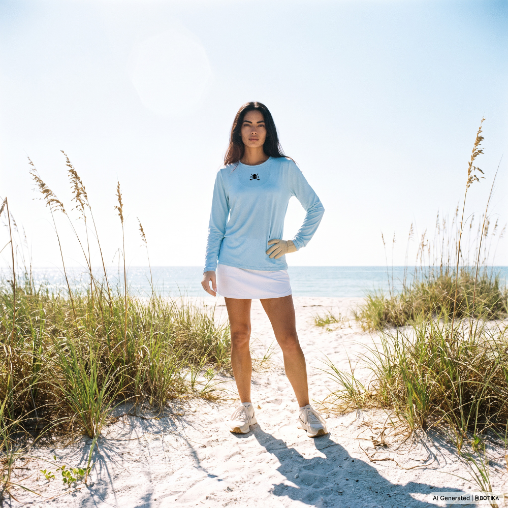 A woman stands on a sandy beach dune wearing a light blue long-sleeve athletic top and a white skirt, with ocean and beach grass in the background.