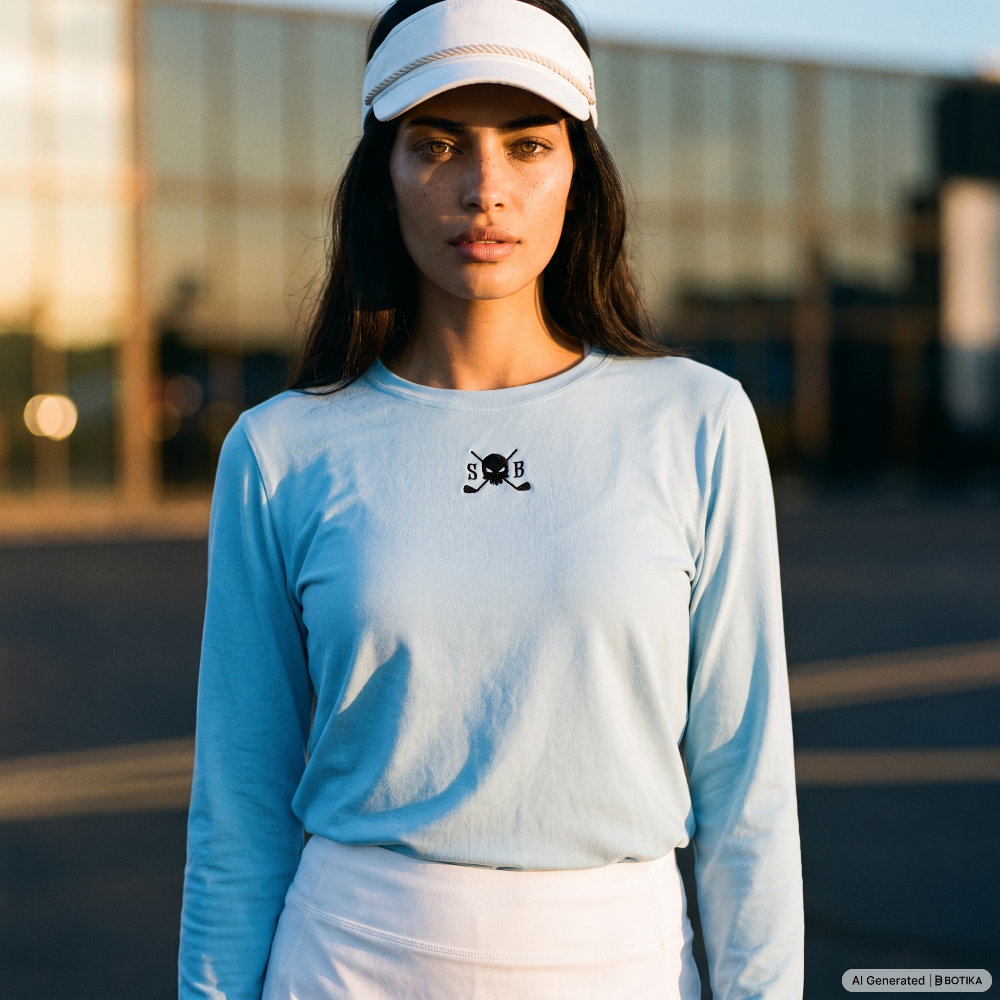 A woman wearing a light blue long-sleeve crewneck shirt with a small black chest logo, paired with a white visor and white skirt, standing outdoors in front of a blurred modern building at sunset.