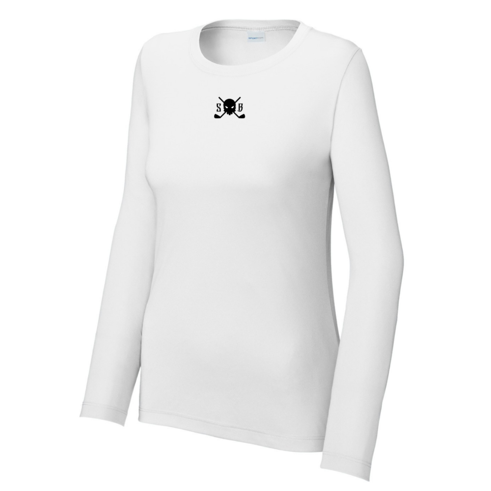 Skull & Bogeys Women’s Sun Shield long sleeve UPF 50 tee with chest graphic, front view