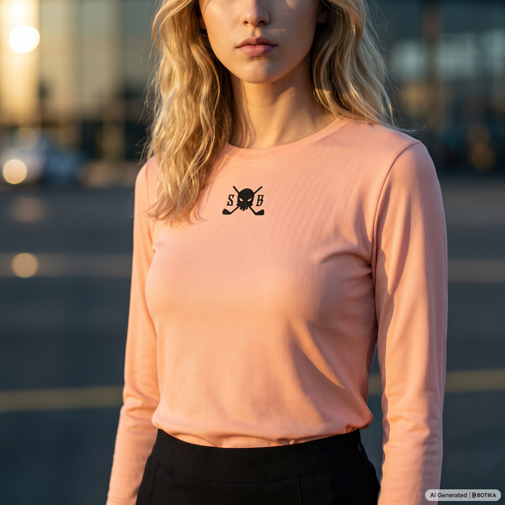 A woman wearing a fitted peach-pink long-sleeve shirt with a small black chest graphic featuring the letters 'S', 'B', and a skull-and-crossbones motif, photographed outdoors in warm evening light.