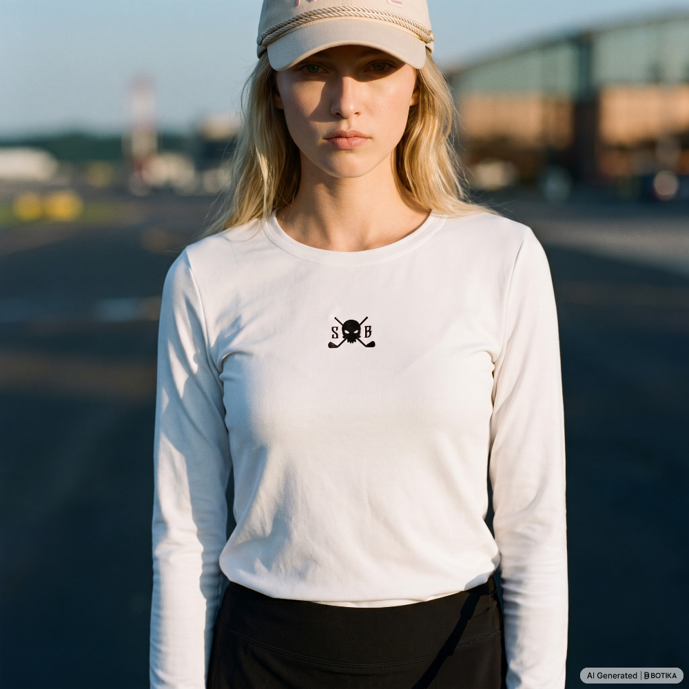 A woman wearing a white long-sleeve crewneck shirt with a small black skull and crossbones graphic on the chest, paired with a beige baseball cap and black bottoms, standing on an airfield runway.