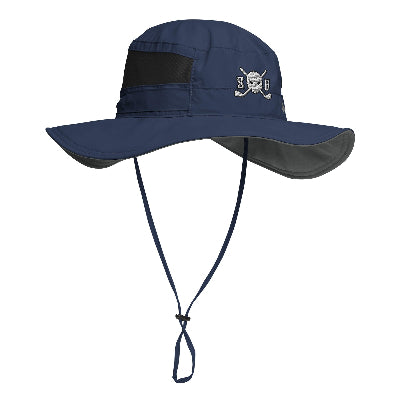 Navy blue wide-brimmed hat with a strap on a white background