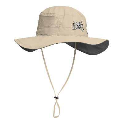Beige wide-brimmed hat with a chin strap on a white background