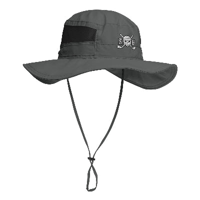 Gray sun hat with a chin strap on a white background