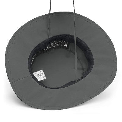 Gray wide-brimmed hat with mesh back on a white background
