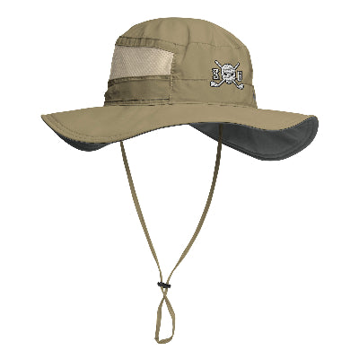 Khaki wide-brimmed hat with a strap on a white background