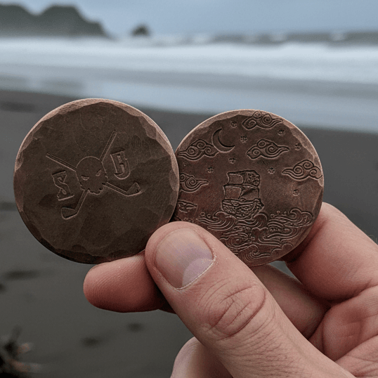 Hand holding two coins on a beach with a cloudy sky