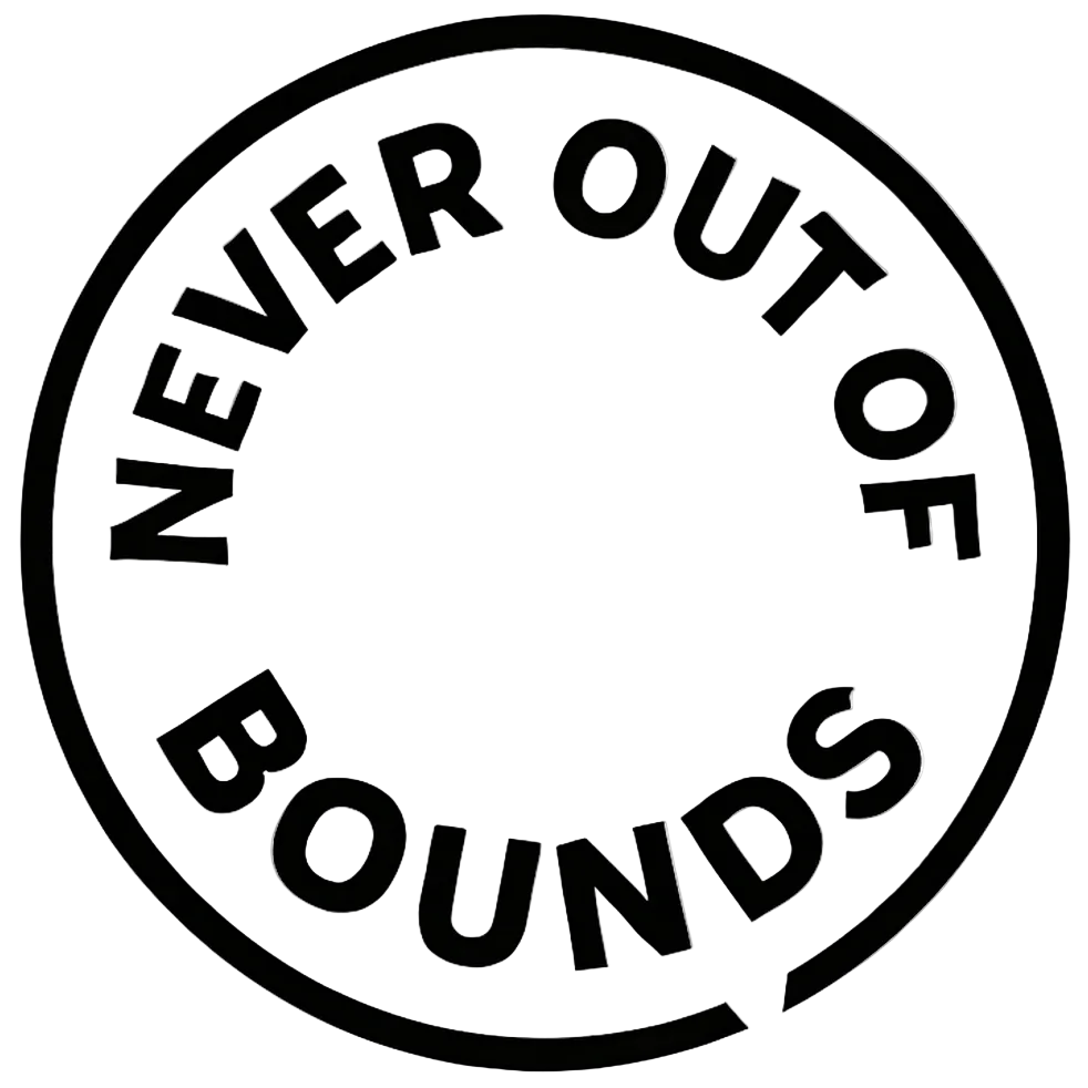 A minimalist black circular stamp-style graphic with the words 'NEVER OUT OF BOUNDS' in bold uppercase letters on a light gray background.